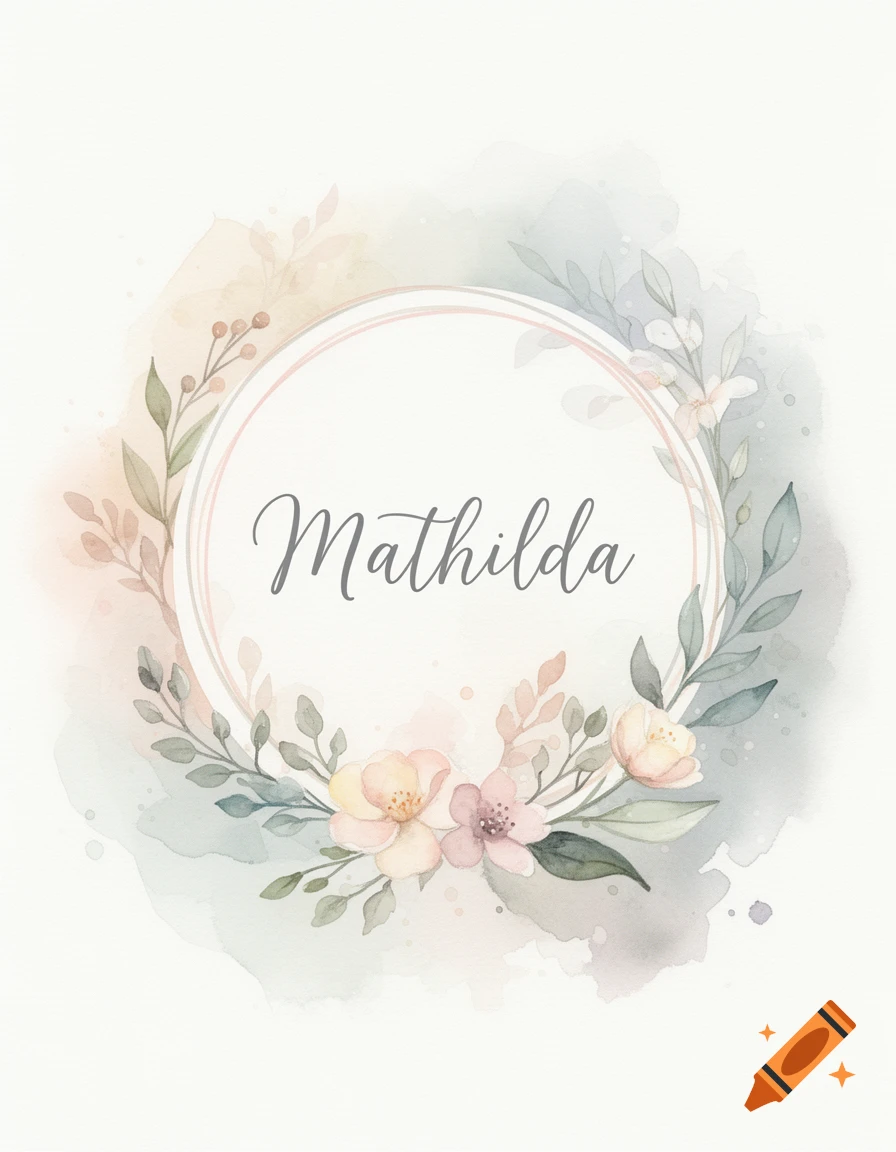 Watercolor floral wreath with a pink circular frame enclosing the name 'Mathilda' in script, on a soft pastel background.