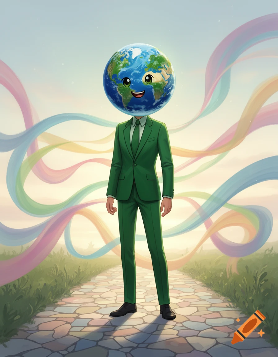 A cartoon man with an Earth globe for a head, wearing a green suit, stands on a stone path with colorful ribbons flowing in the sky.