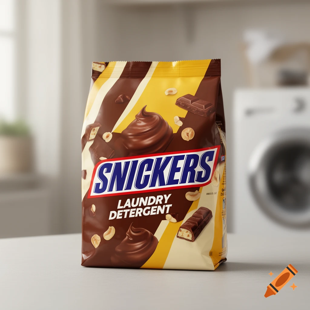 Photorealistic image of a Snickers-branded laundry detergent package on a counter, with a blurred washing machine in the background.