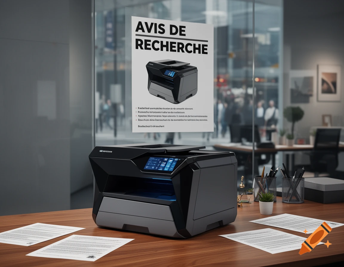 A modern black and grey office printer sits on a wooden desk with scattered papers, in a contemporary office setting with a "AVIS DE RECHERCHE" poster on a glass wall.