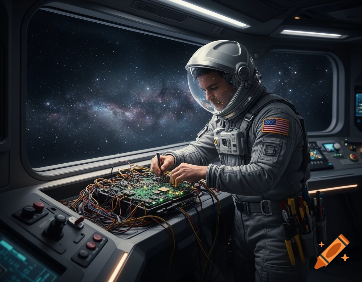 An astronaut in a spaceship cockpit repairs a circuit board with wires, looking out at a starry universe.