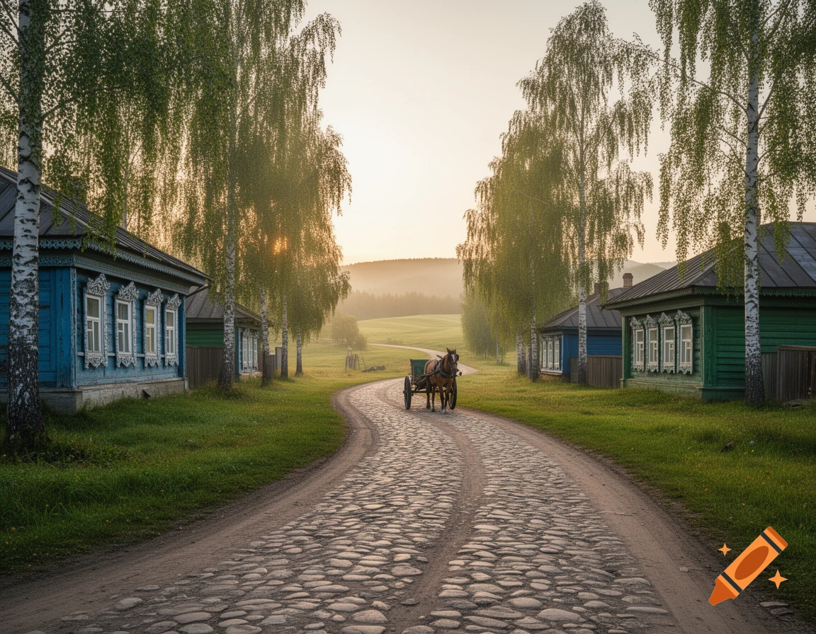 A photorealistic image of a horse-drawn cart on a cobblestone road through a village with traditional houses and birch trees.