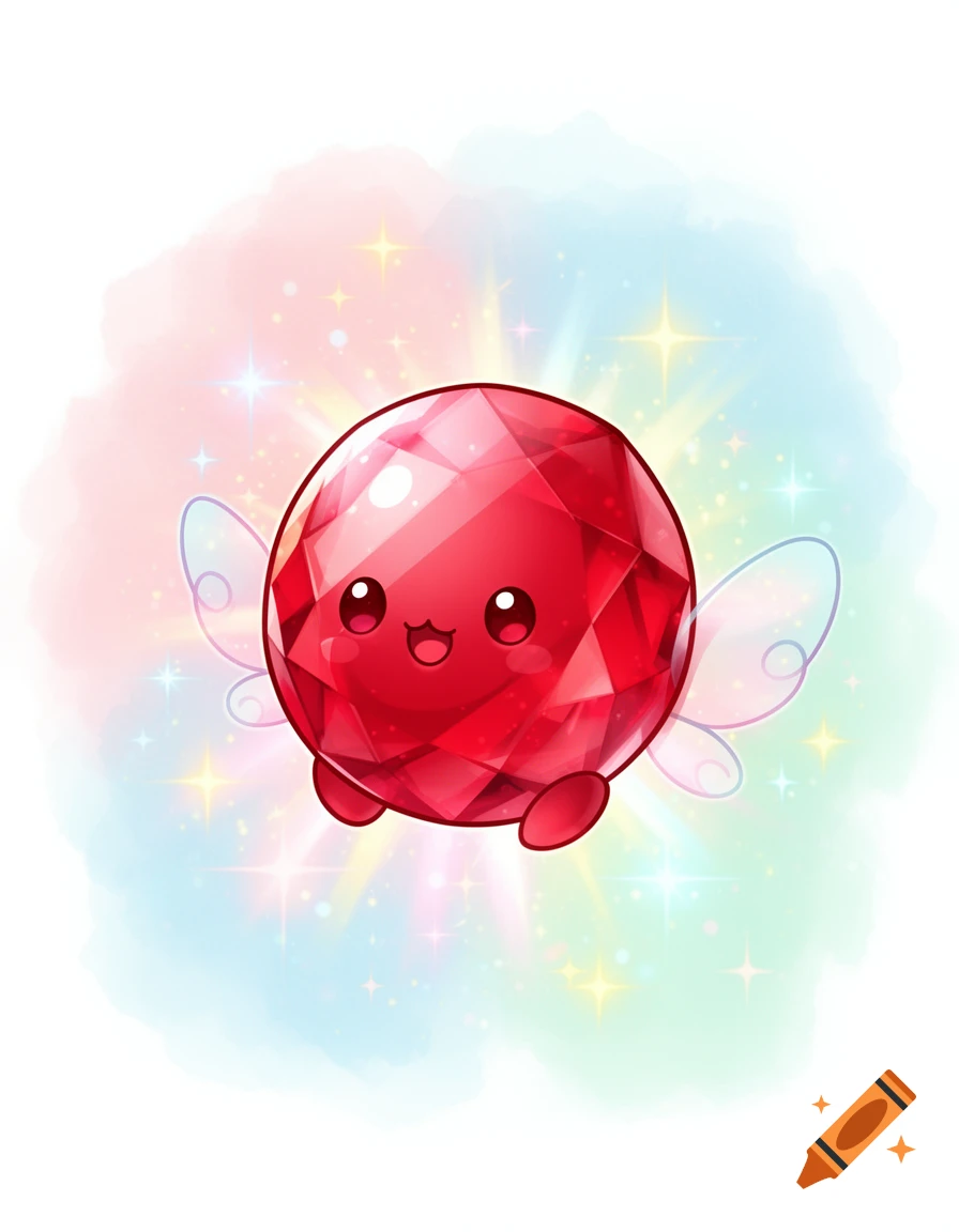 A cute, sparkling red ruby gem with a happy face and small wings, floating in a soft, rainbow-colored, starry background.