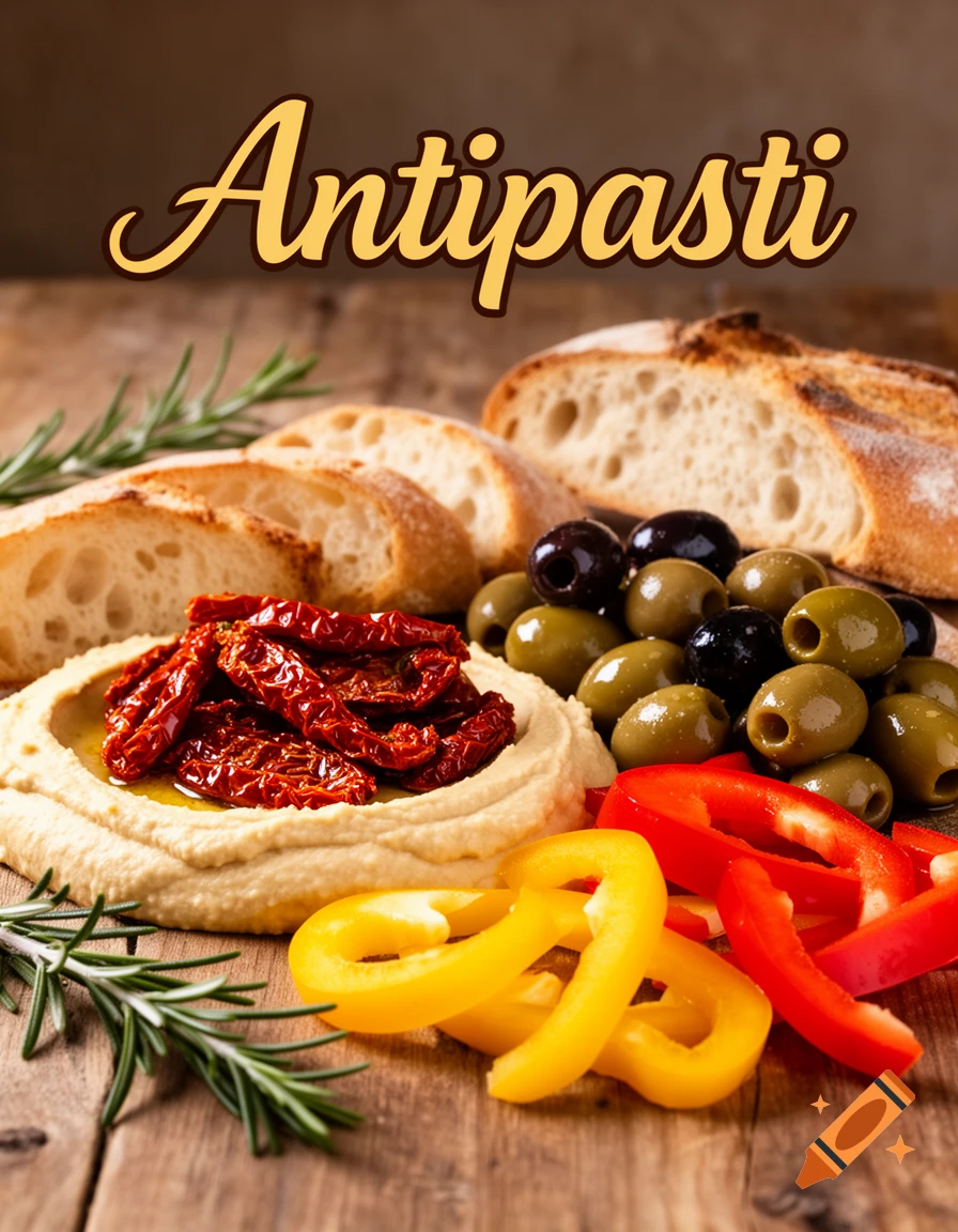 A rustic wooden table displays a platter of Antipasti with hummus, sun-dried tomatoes, olives, sliced bell peppers, fresh bread, and rosemary.