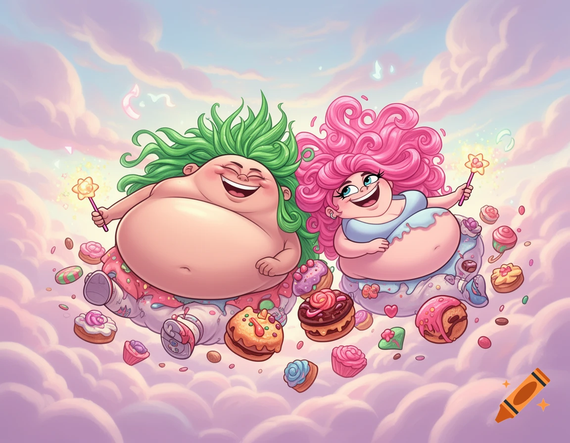 Two obese cartoon characters with green and pink hair, laughing and floating on clouds with magic wands, surrounded by desserts.