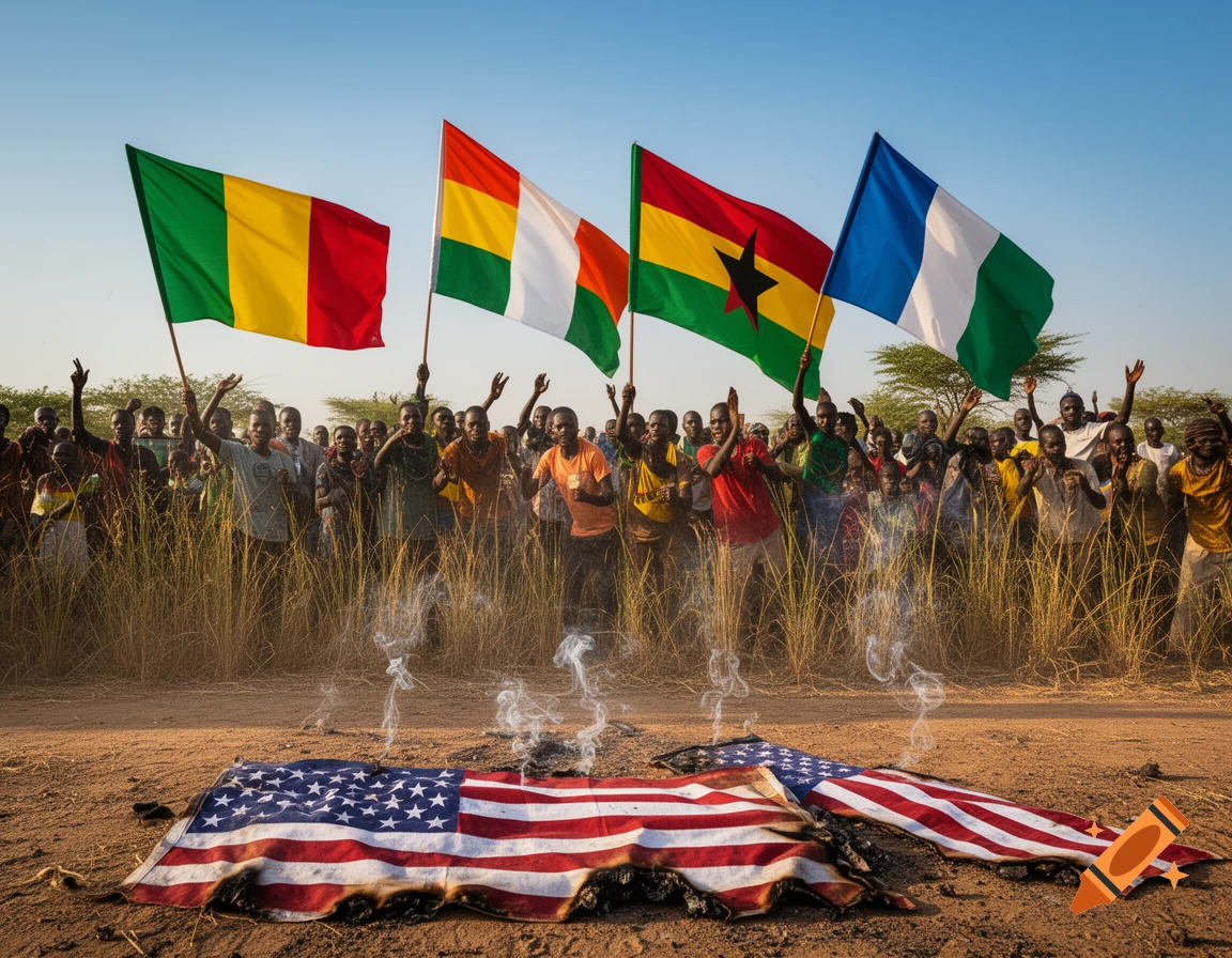 A crowd of people celebrate in a field under a blue sky, waving the flags of Mali, Ivory Coast, Ghana, and an incorrect flag for Niger, while a burning US flag lies on the dirt ground in the foreground.