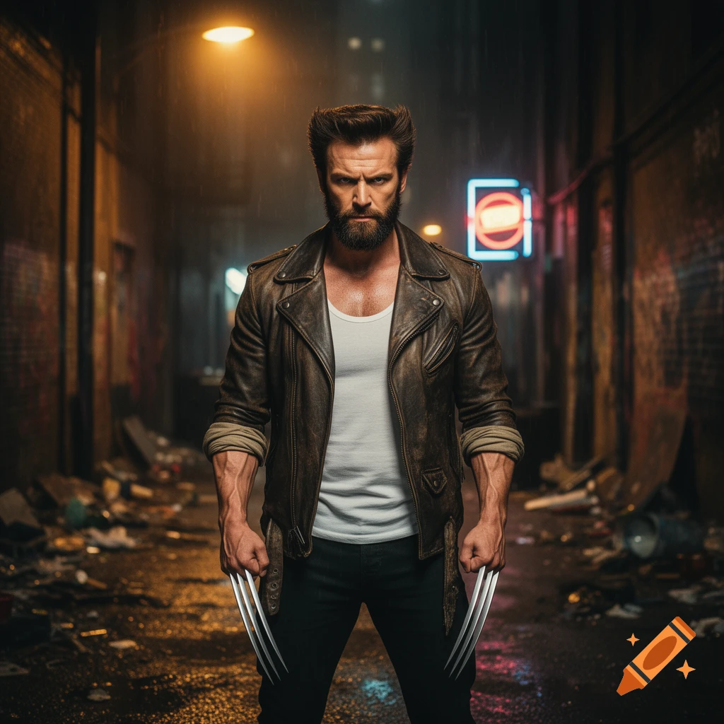 A photorealistic depiction of a man resembling Wolverine, with claws extended, standing in a dark, rainy urban alley.
