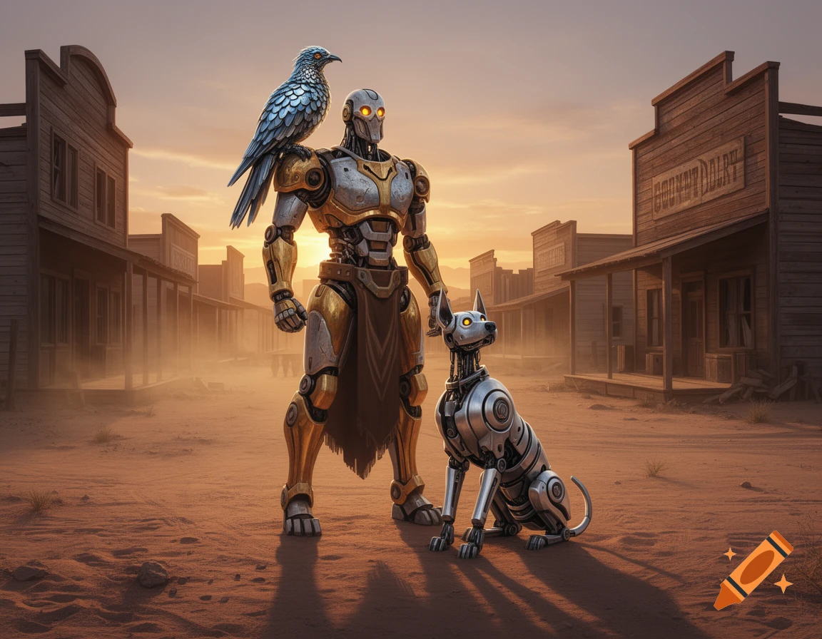 A warforged bounty hunter stands in a dusty Western town with a mechanical dog and a mechanical bird perched on its shoulder at sunset.