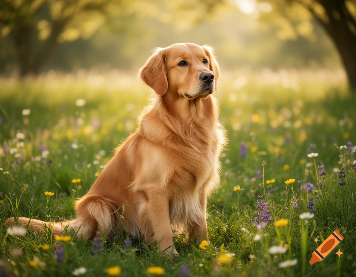 A golden retriever sits in a field of colorful wildflowers, bathed in warm sunlight.