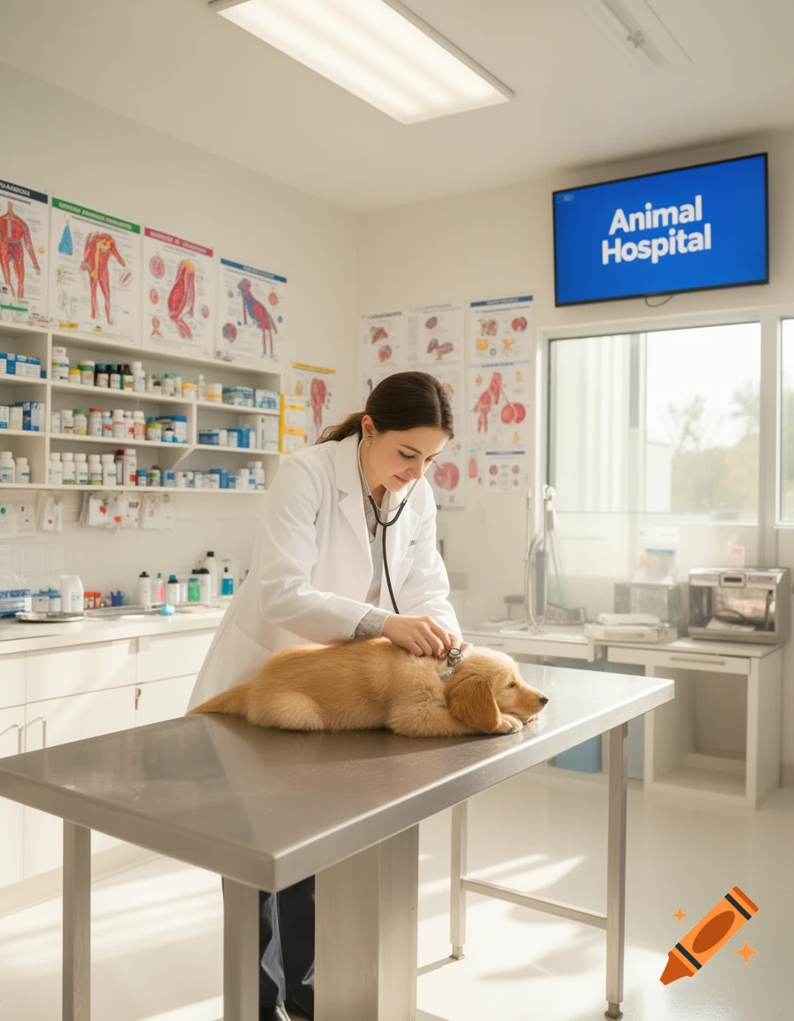 A veterinarian examines a cute golden retriever puppy on a metal table in a bright, modern animal hospital.