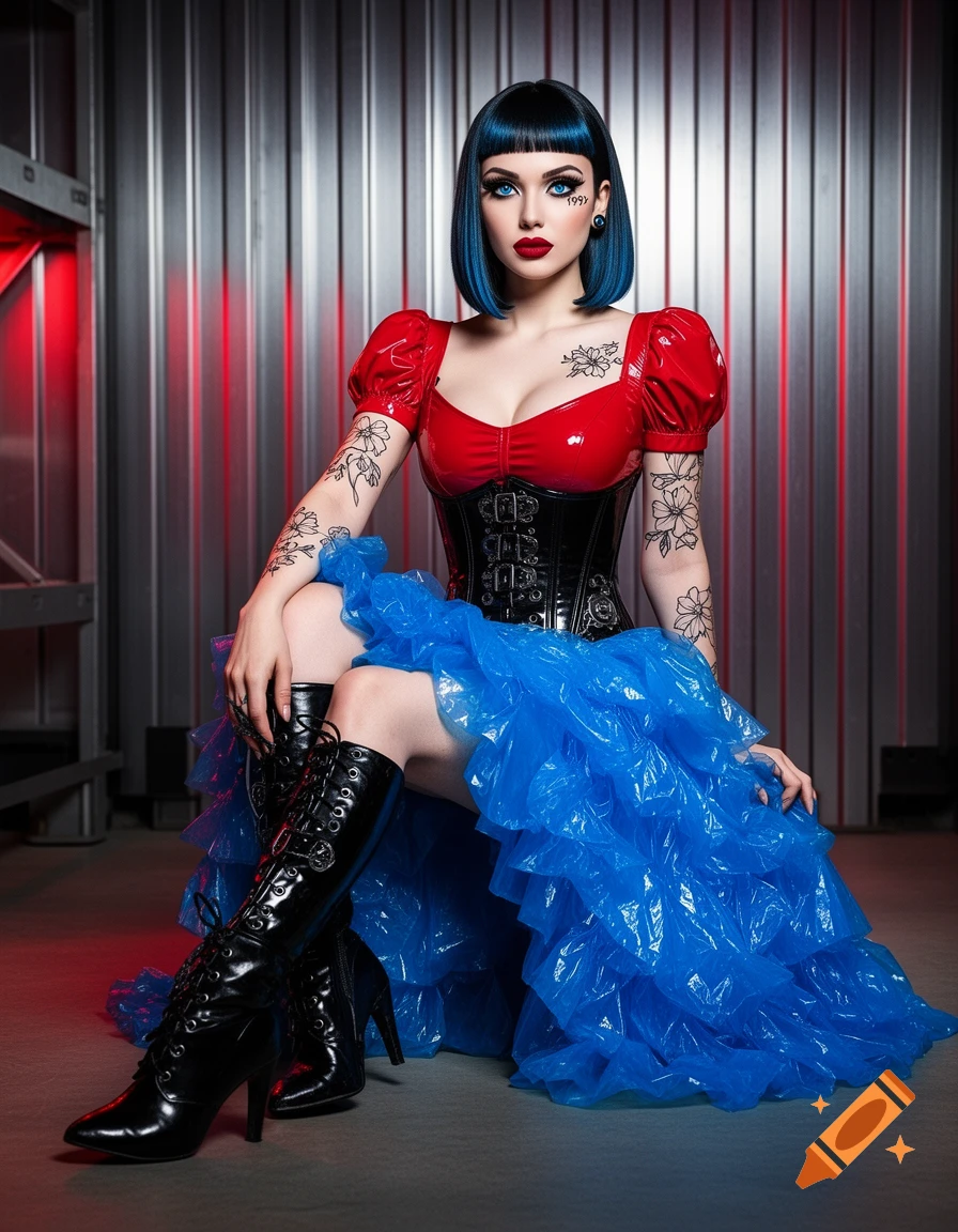 Hyper-realistic portrait of a woman with blue bob hair, red latex top, black corset, and blue plastic skirt, seated in a futuristic warehouse.
