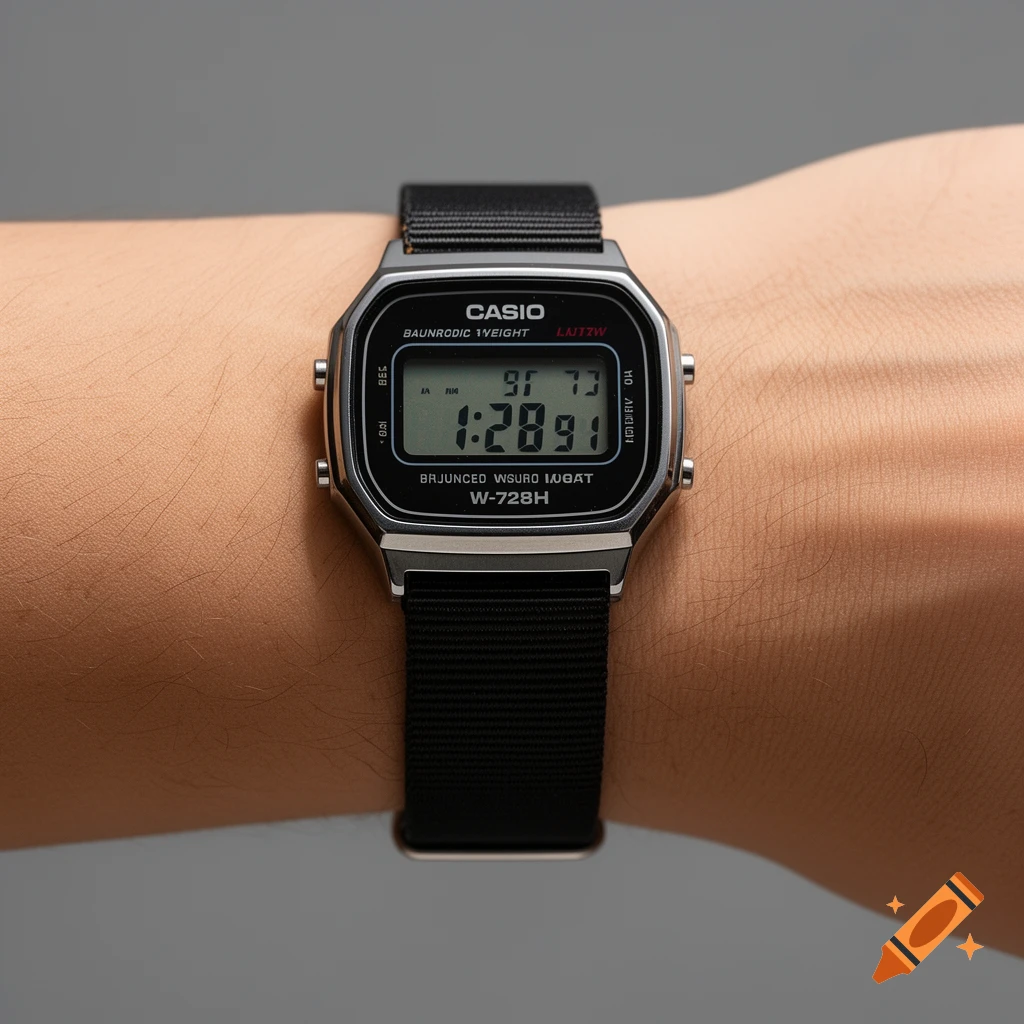 Close-up of a silver digital watch with a black fabric strap on a wrist, showing the time 1:28:91.