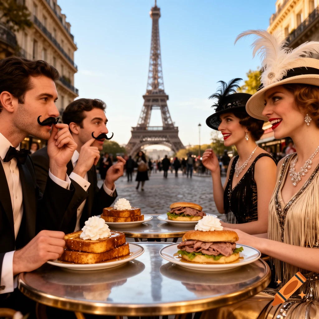Four people in 1920s fashion sit at an outdoor cafe table, eating French toast and sandwiches, with the Eiffel Tower in the background.