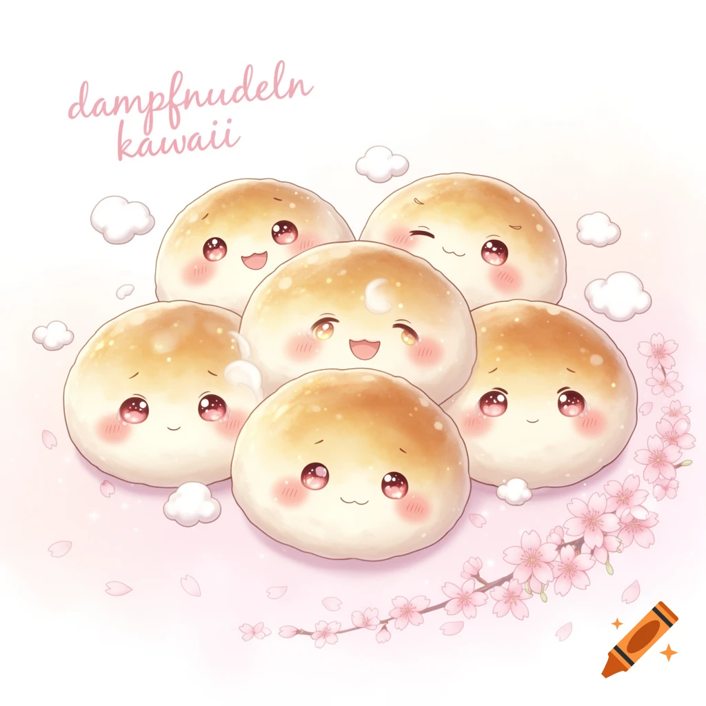 Six kawaii steamed buns (dampfnudeln) with smiling faces, surrounded by pink cherry blossoms and clouds on a pink background.