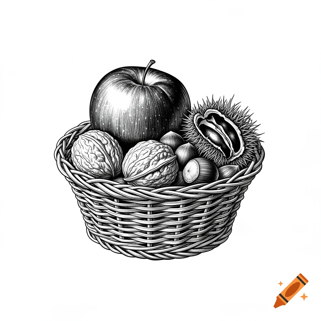 Black and white engraving of an apple, walnuts, hazelnuts, and an open chestnut in a woven basket on a white background.