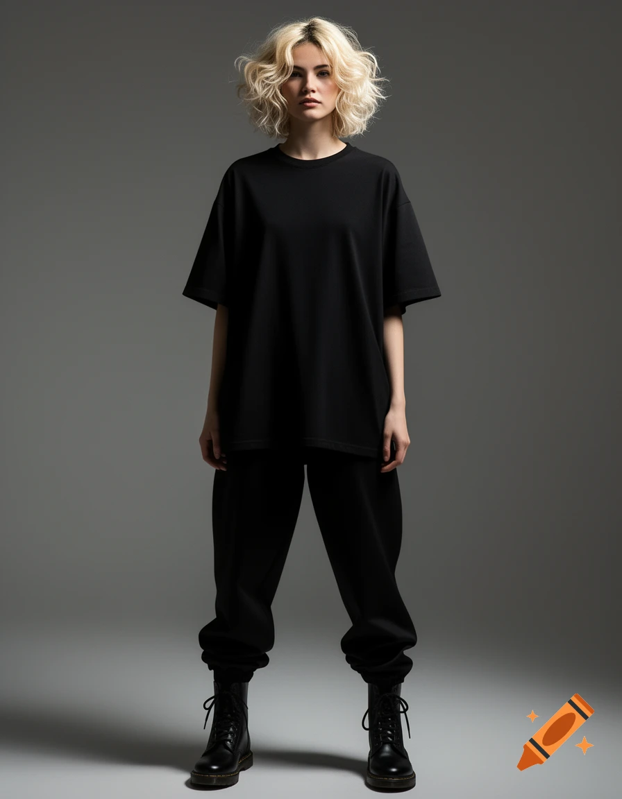 A woman with short blonde wavy hair wearing an oversized black t-shirt, black pants, and black boots stands against a gray background.