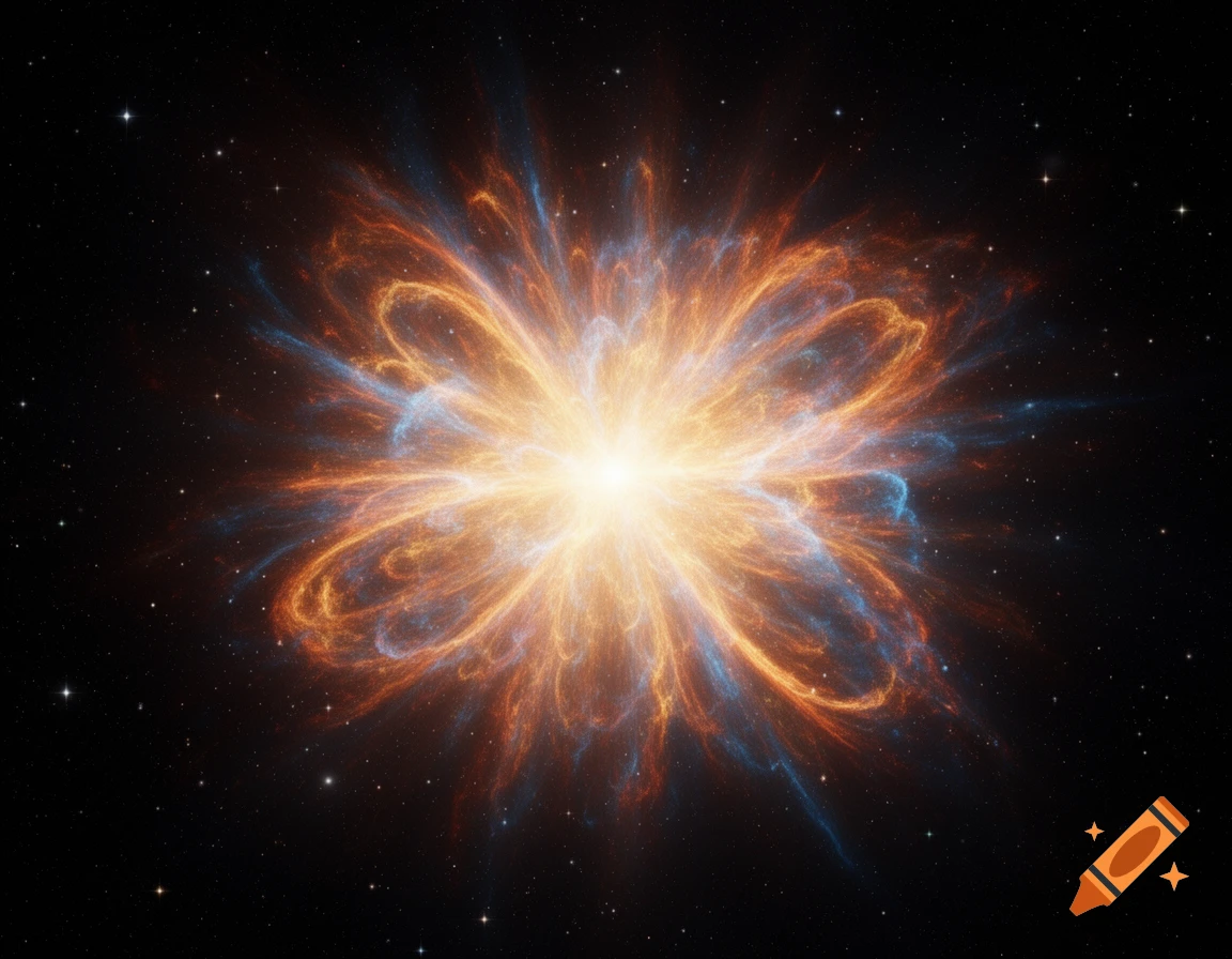 A vibrant supernova explosion with glowing orange and blue gases in the dark expanse of space, dotted with stars.