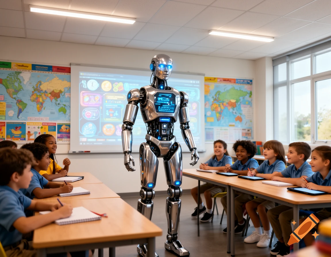 A metallic robot with glowing blue eyes teaches a diverse group of smiling elementary school children in a modern classroom.