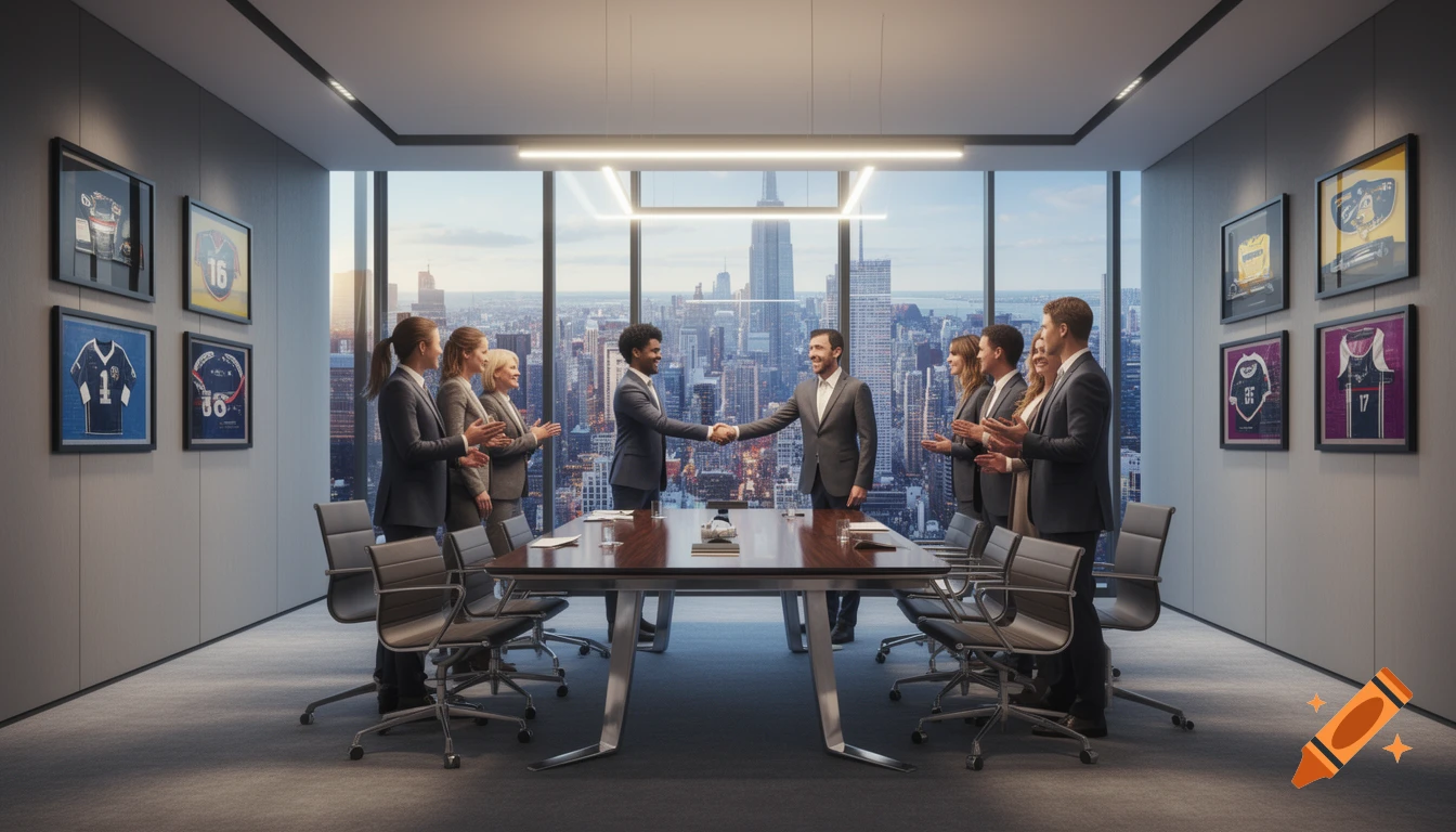 Two businessmen shaking hands at a long conference table while colleagues clap, with a city skyline and sports memorabilia in the background.