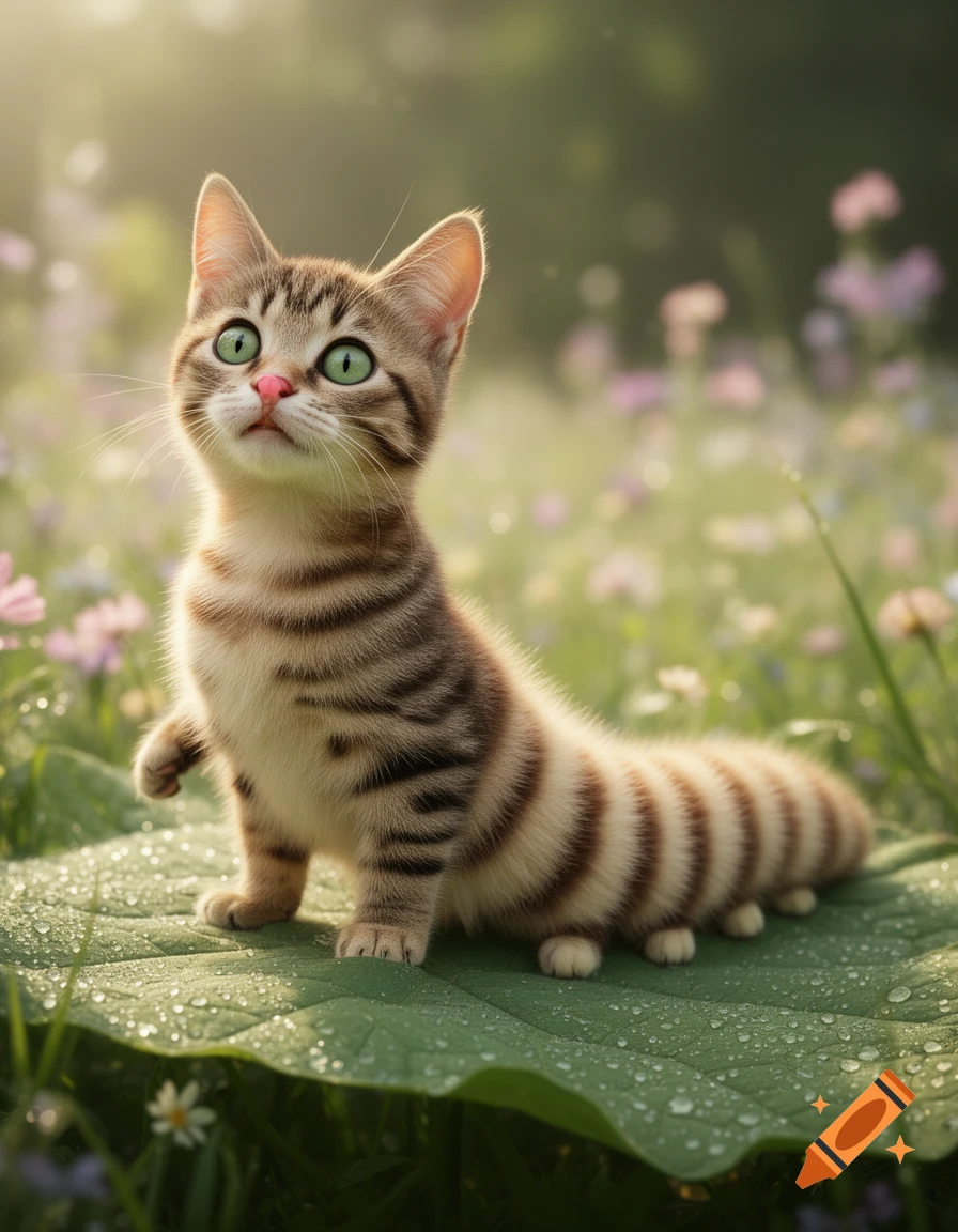 A photorealistic cat-caterpillar hybrid with tabby markings sits on a dewy green leaf in a sunlit field.