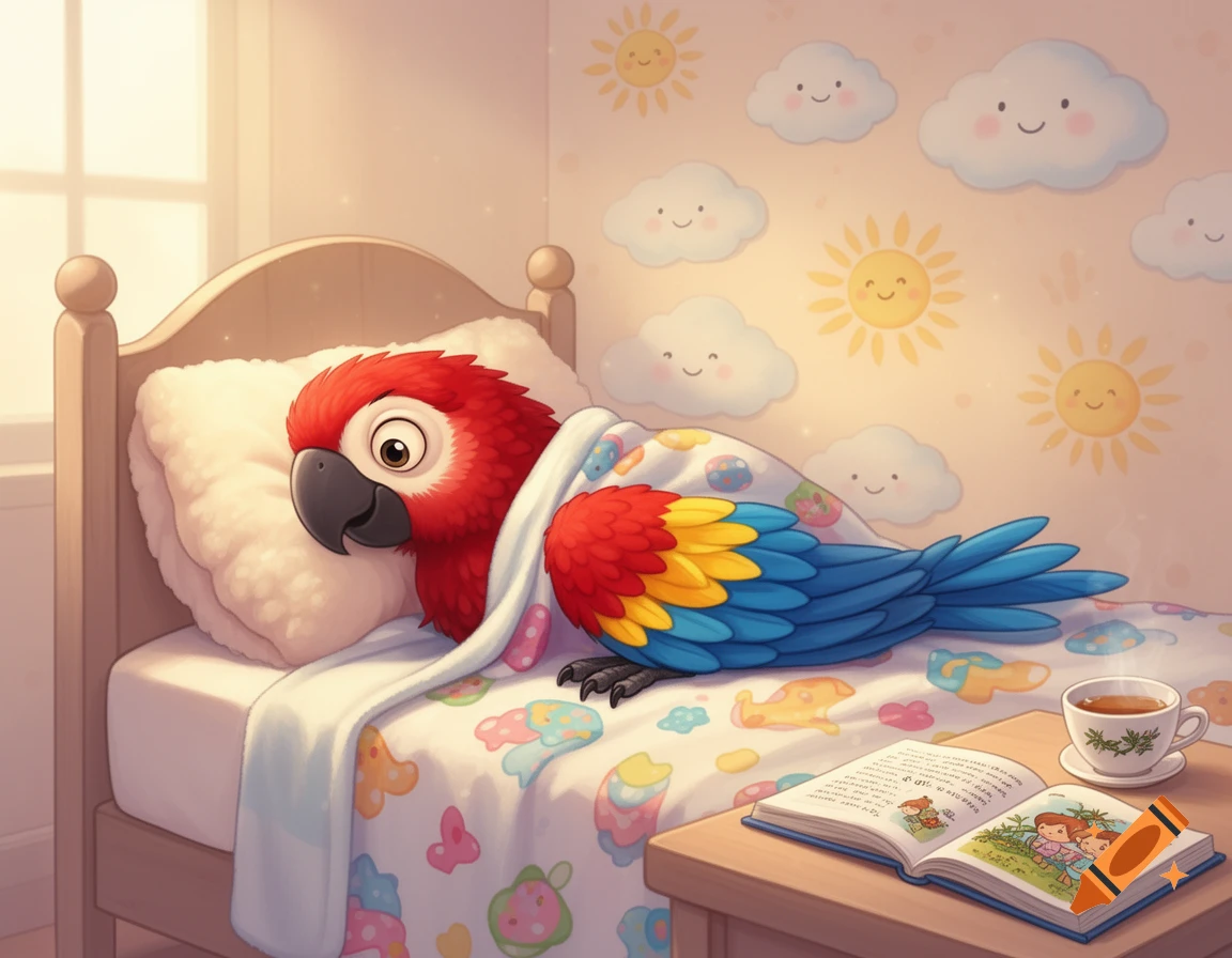 A cartoon red, blue, and yellow parrot lies in bed under a blanket, with an open book and tea on a bedside table.