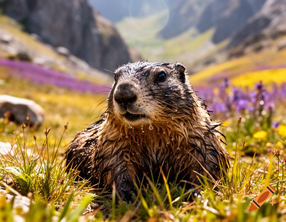 A close-up of a wet marmot with water droplets on its fur, sitting in a field of colorful wildflowers and mountains.