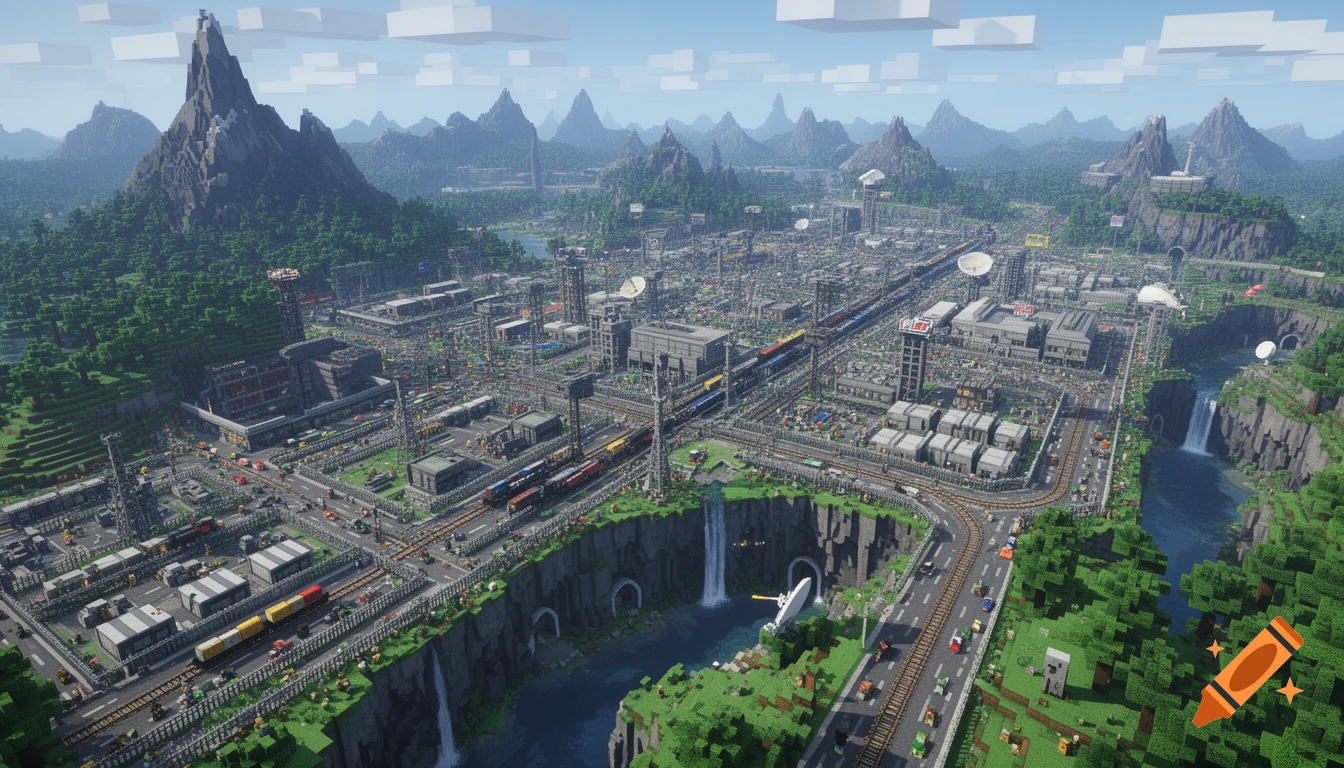 An aerial view of a massive, ultra-detailed Minecraft-style city and industrial complex sprawling across a mountainous landscape with rivers and waterfalls.