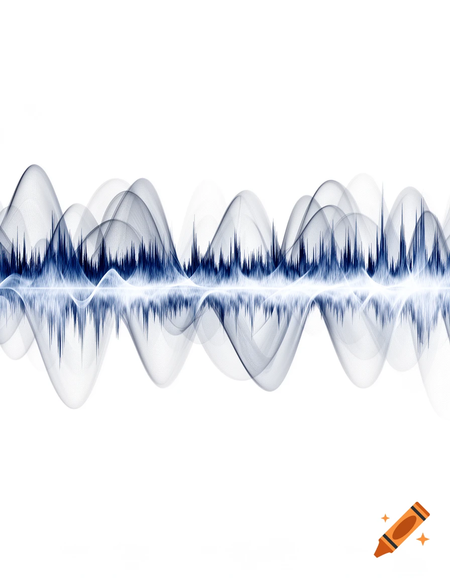 Abstract blue and white sound waves forming a mirrored waveform pattern on a white background.