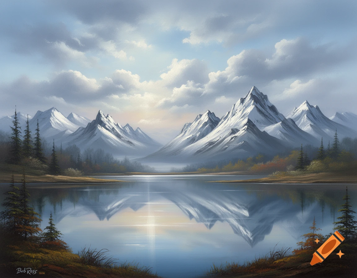 A serene Bob Ross style oil painting depicts snow-capped mountains reflected in a calm lake under a cloudy sky, with pine trees.