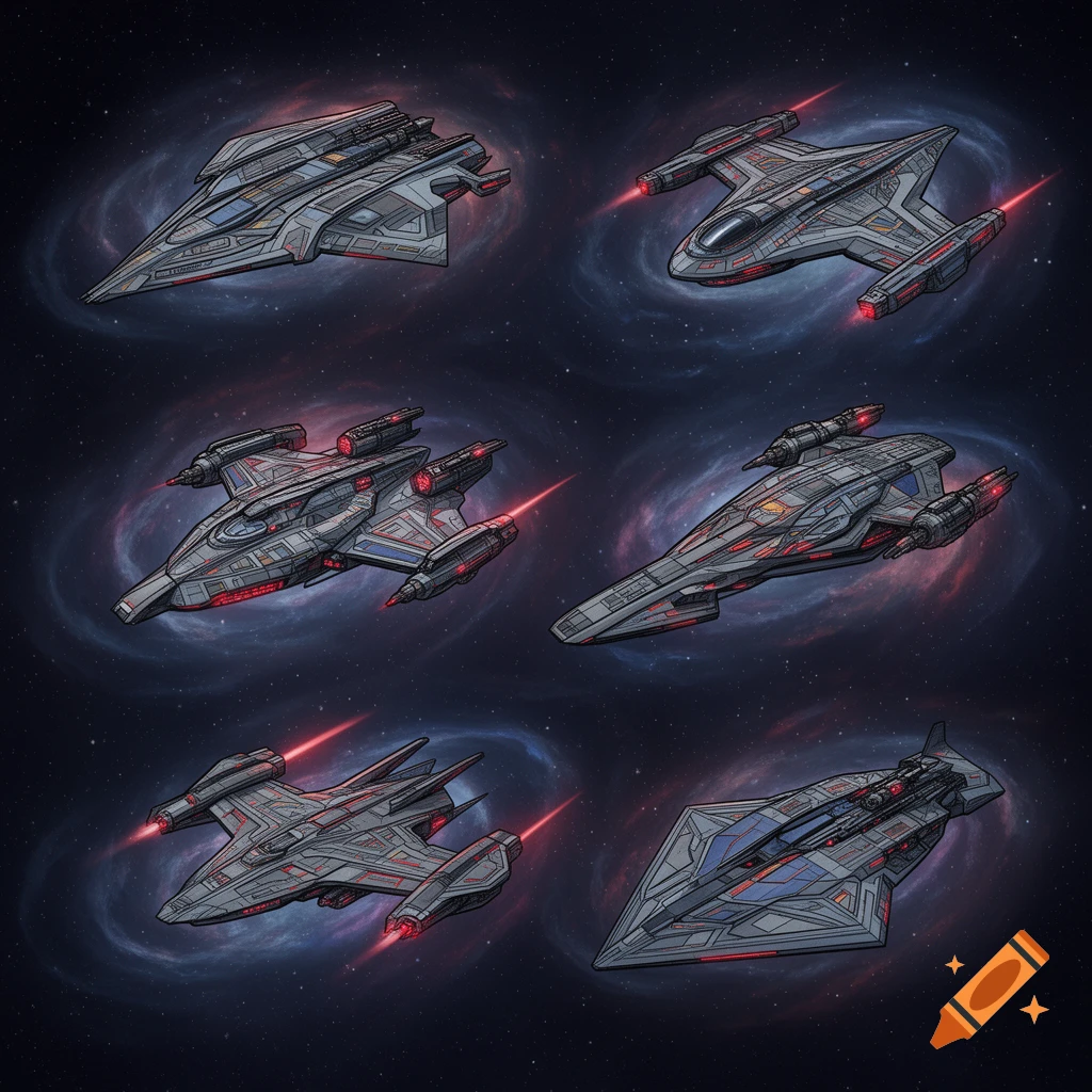 Six stylized grey and red sci-fi spaceship designs, like video game sprites, against a dark starry background with colorful nebulae.