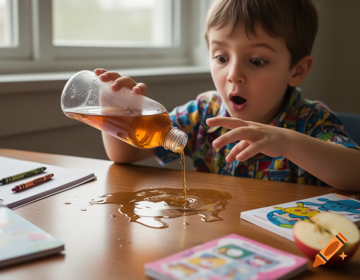 A young boy with a surprised expression spills apple juice from a bottle onto a wooden table, creating a puddle among crayons and books.