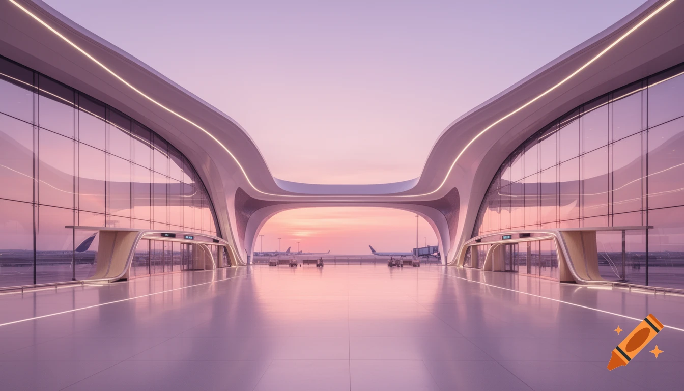 A sleek, futuristic airport terminal bathed in the soft pink and purple light of sunset, with airplanes visible on the tarmac.