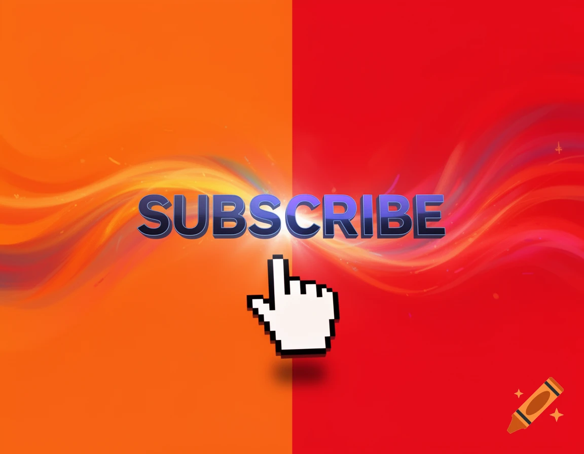 A pixelated cursor points to the word SUBSCRIBE in metallic blue 3D text against a split orange and red background with swirling light effects.