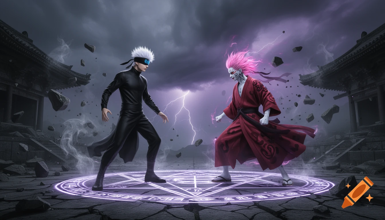 A stylized fantasy image of two characters, Gojo and Sukuna, facing off in a battle scene with glowing magical circles, lightning, and falling debris under a stormy sky.
