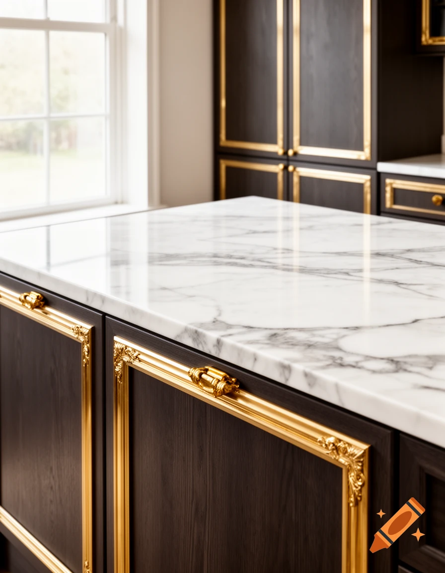 Luxurious kitchen island with white marble countertop and dark wood cabinets featuring ornate gold trim, next to a window.