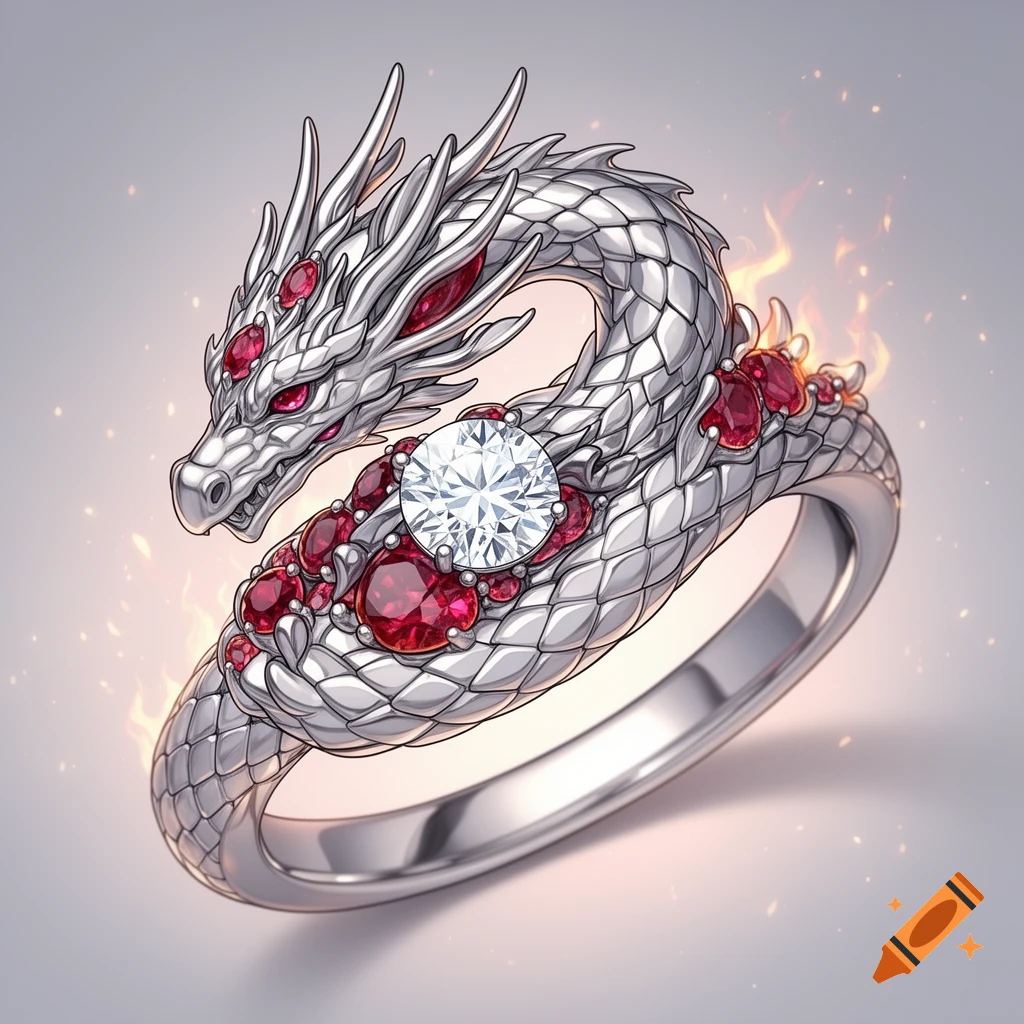 A detailed silver dragon ring featuring a prominent central diamond and numerous red rubies, with subtle fiery accents.