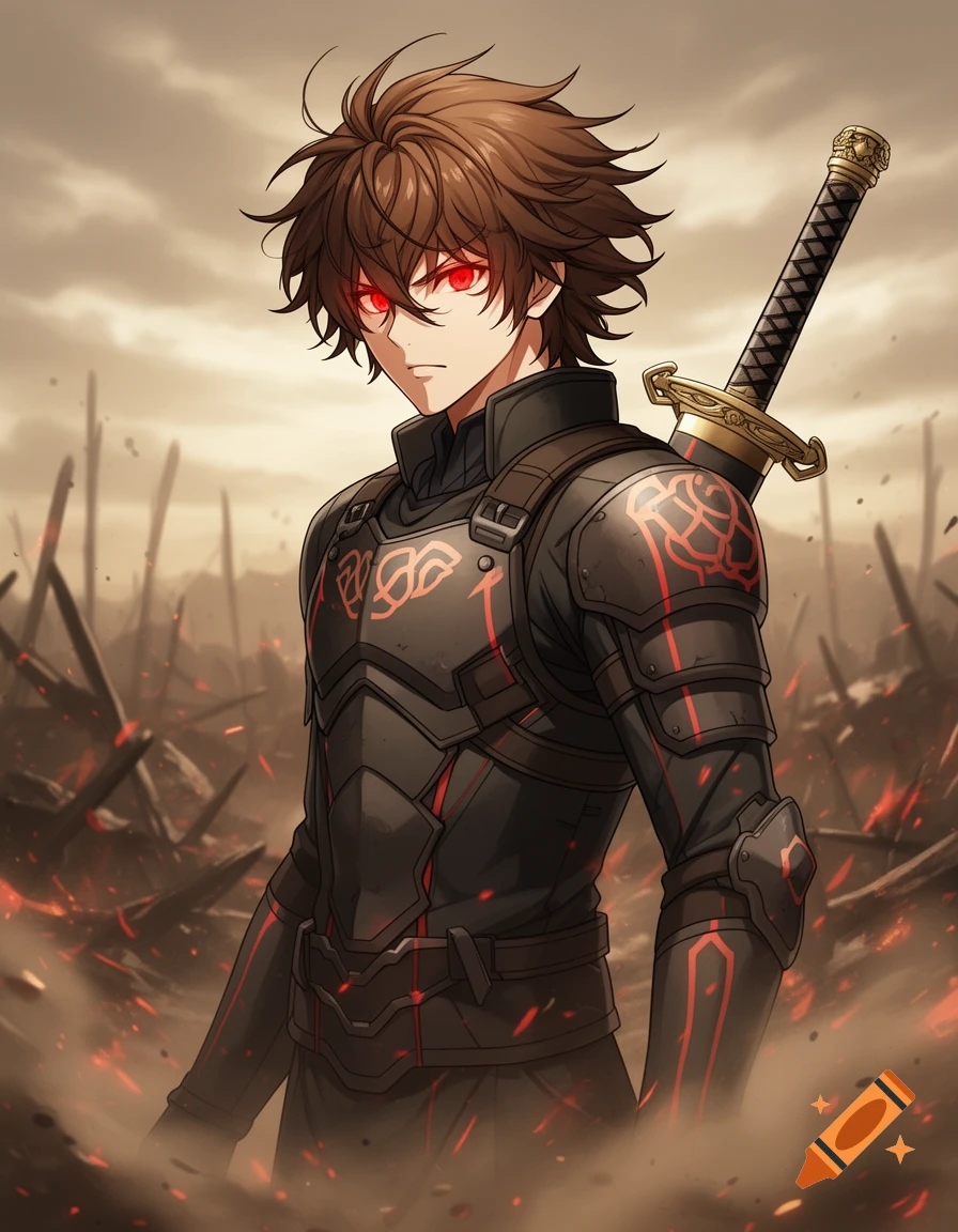 Anime male warrior with messy brown hair, glowing red eyes, black armor with red accents, and a sword on his back, standing in a desolate, smoky battlefield.