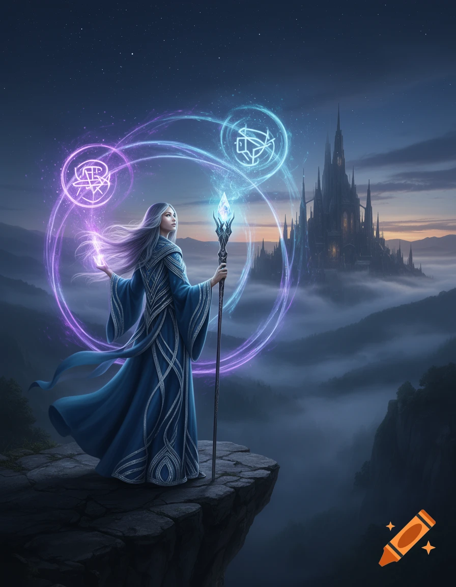 A female mage in a blue robe stands on a cliff, wielding a staff amidst glowing purple and blue magic, with a dark castle in a misty background at dusk.
