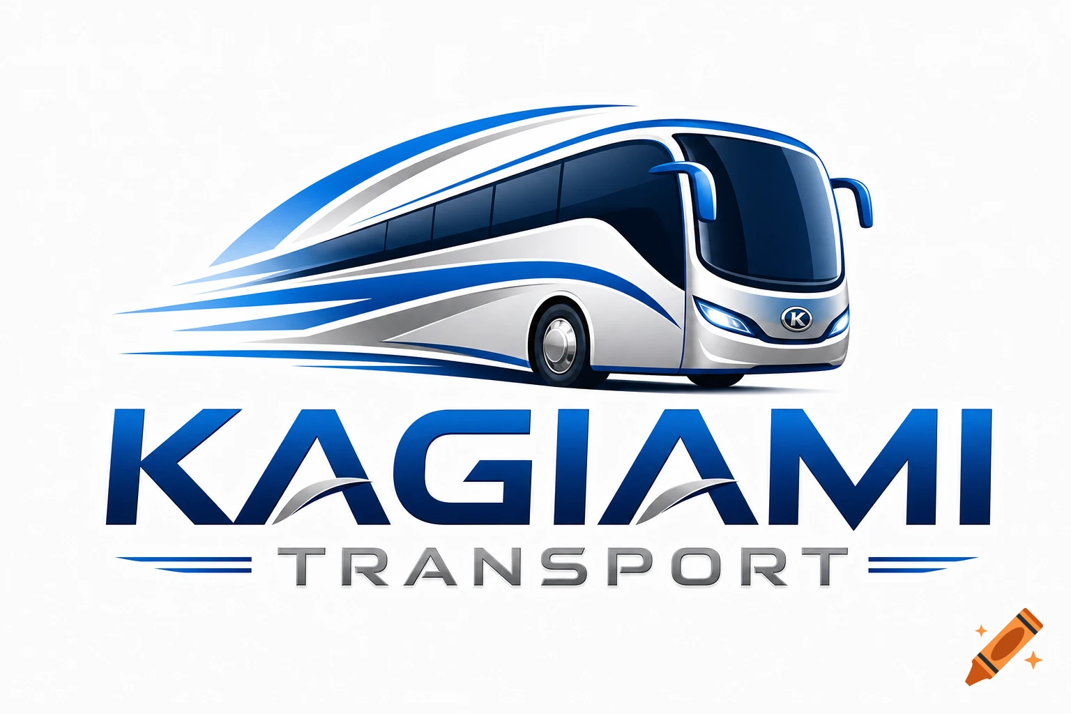 A modern logo for Kagiami Transport, featuring a sleek white and blue bus with speed lines and the company name below.