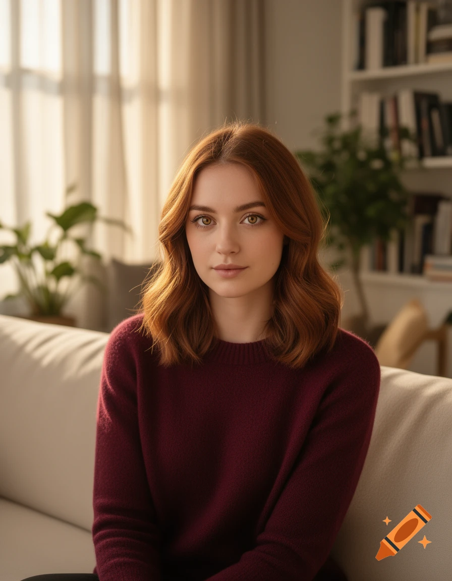 A photorealistic portrait of a woman with red hair and green eyes, wearing a burgundy sweater, sitting on a couch indoors.