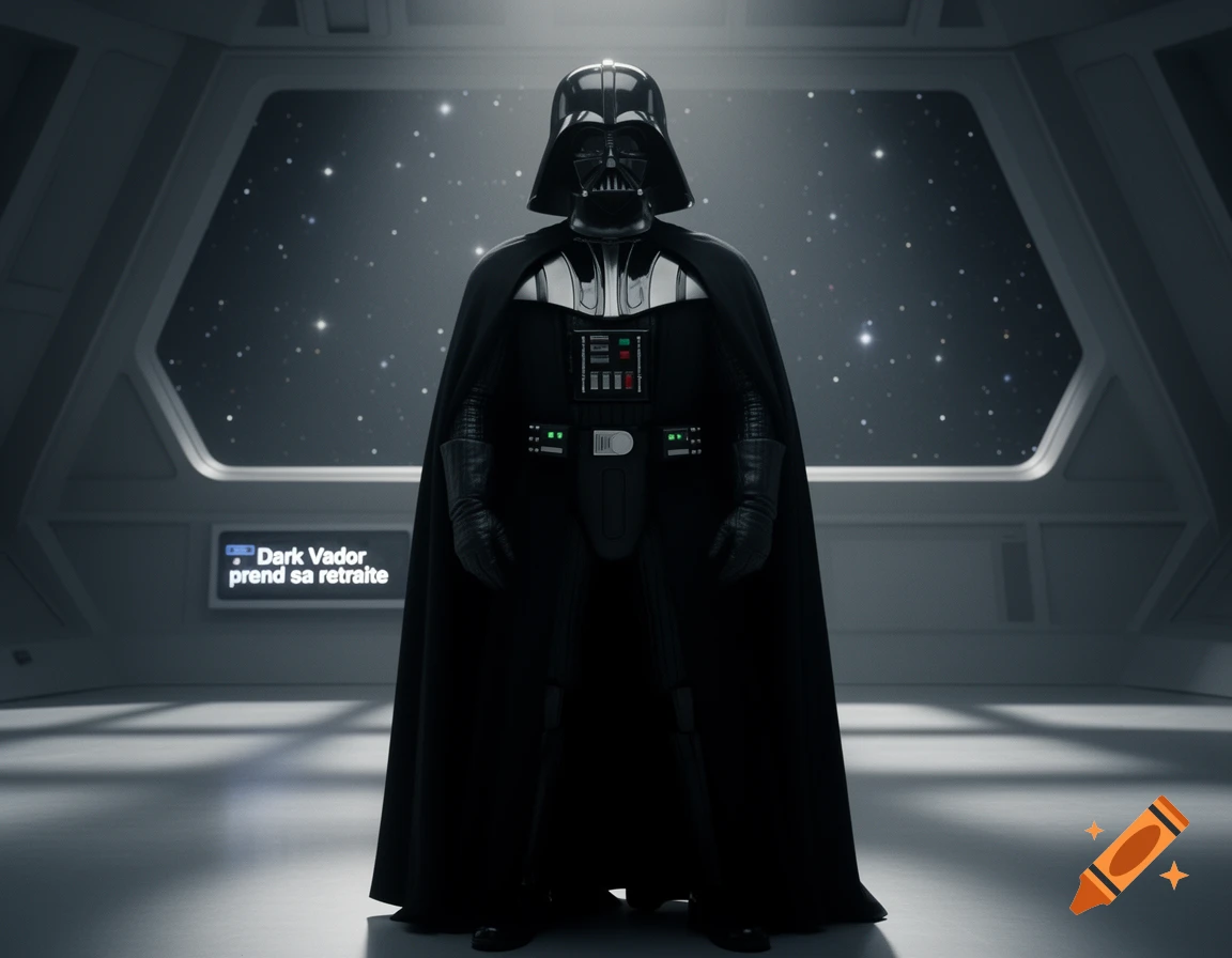 Darth Vader stands in a dimly lit spaceship corridor with a starry window and a screen displaying text.