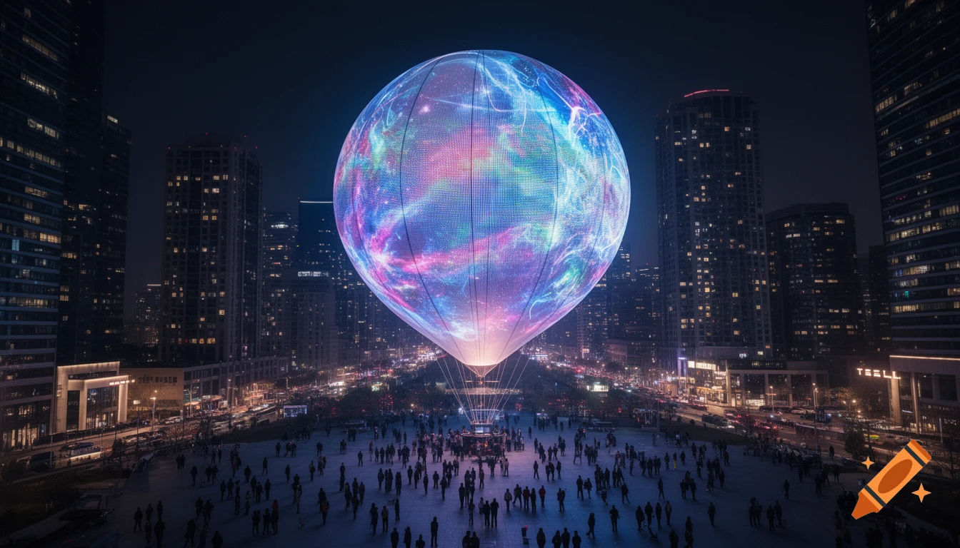 A giant, glowing spherical LED display hovers over a bustling city square at night, surrounded by tall buildings and a crowd.