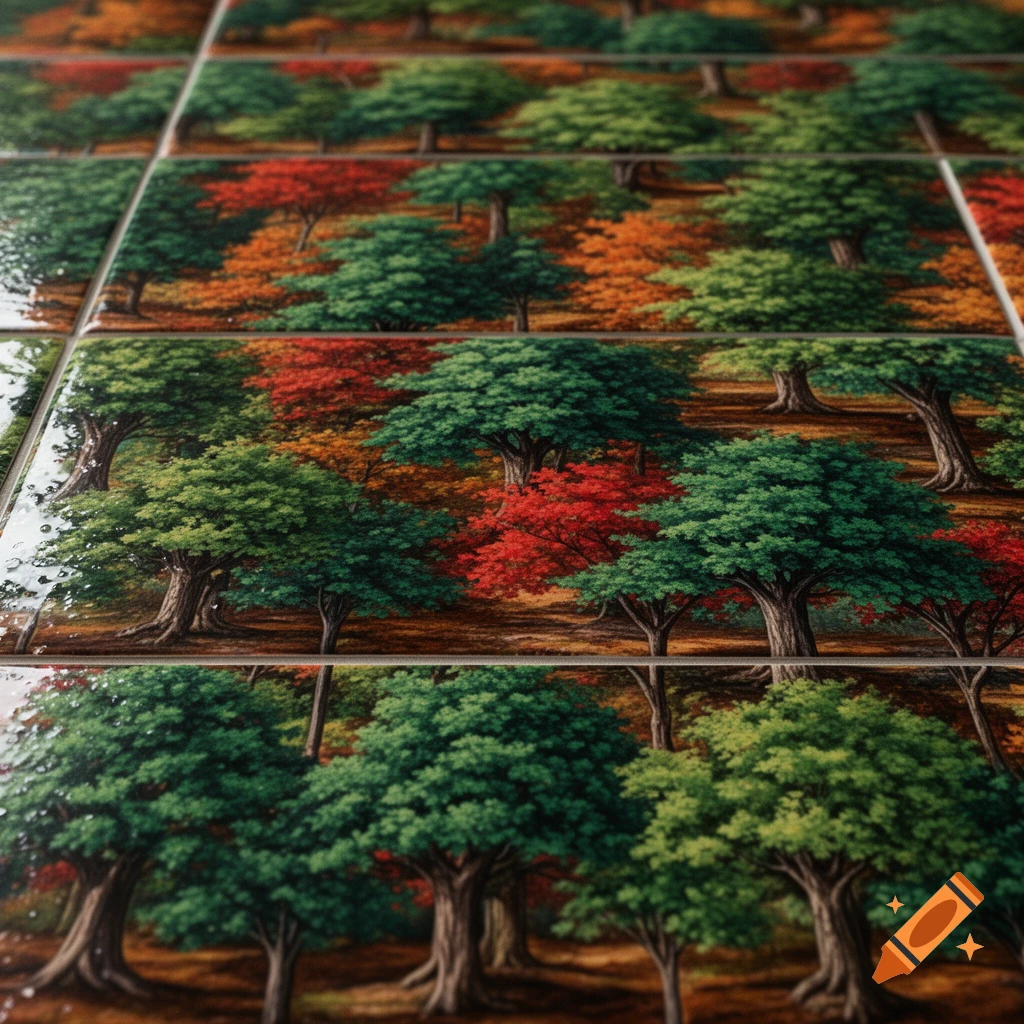 A close-up view of tessellated tiles depicting a lush forest with green, red, and orange trees, creating a continuous pattern.