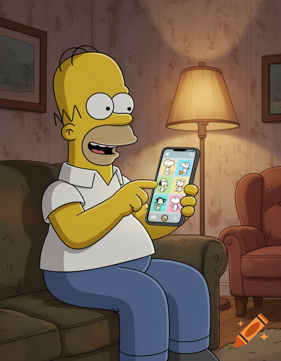 Homer Simpson sits on a couch, smiling and pointing at a smartphone displaying cartoon characters resembling Snoopy.