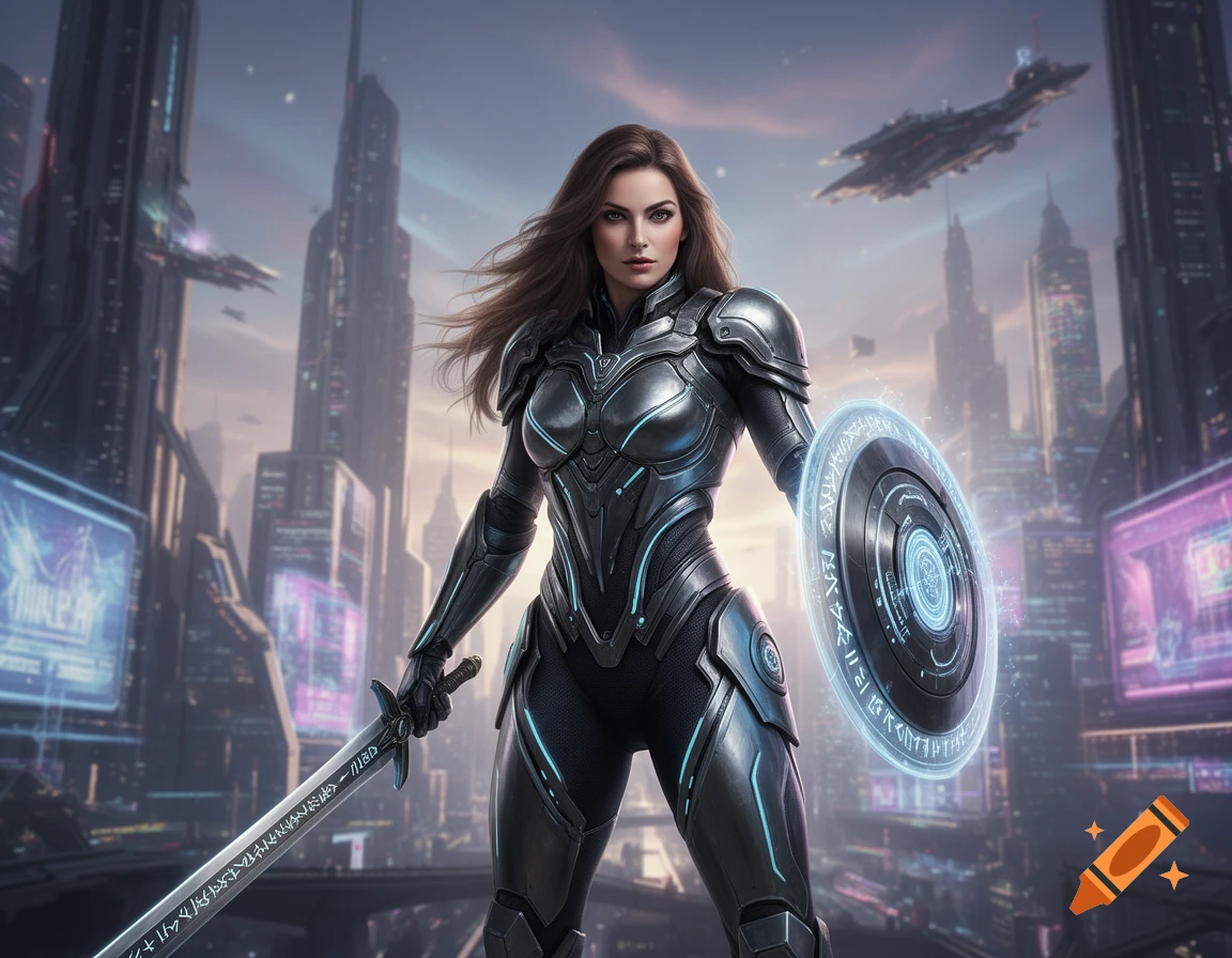A strong female warrior in metallic futuristic armor holds a glowing sword and shield in a vibrant cyberpunk city.