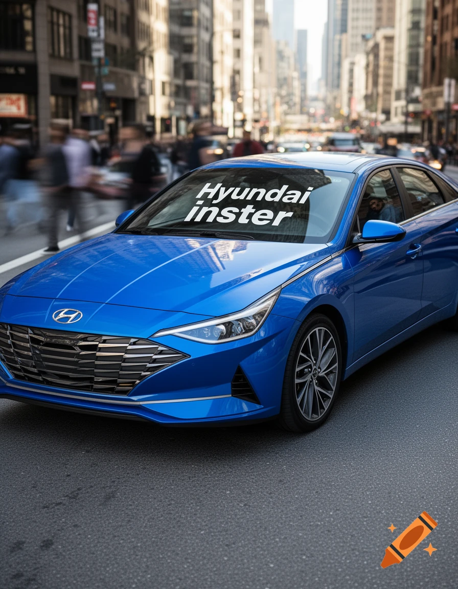 A blue Hyundai car with 'Hyundai inster' on its windshield, parked on a bustling city street.