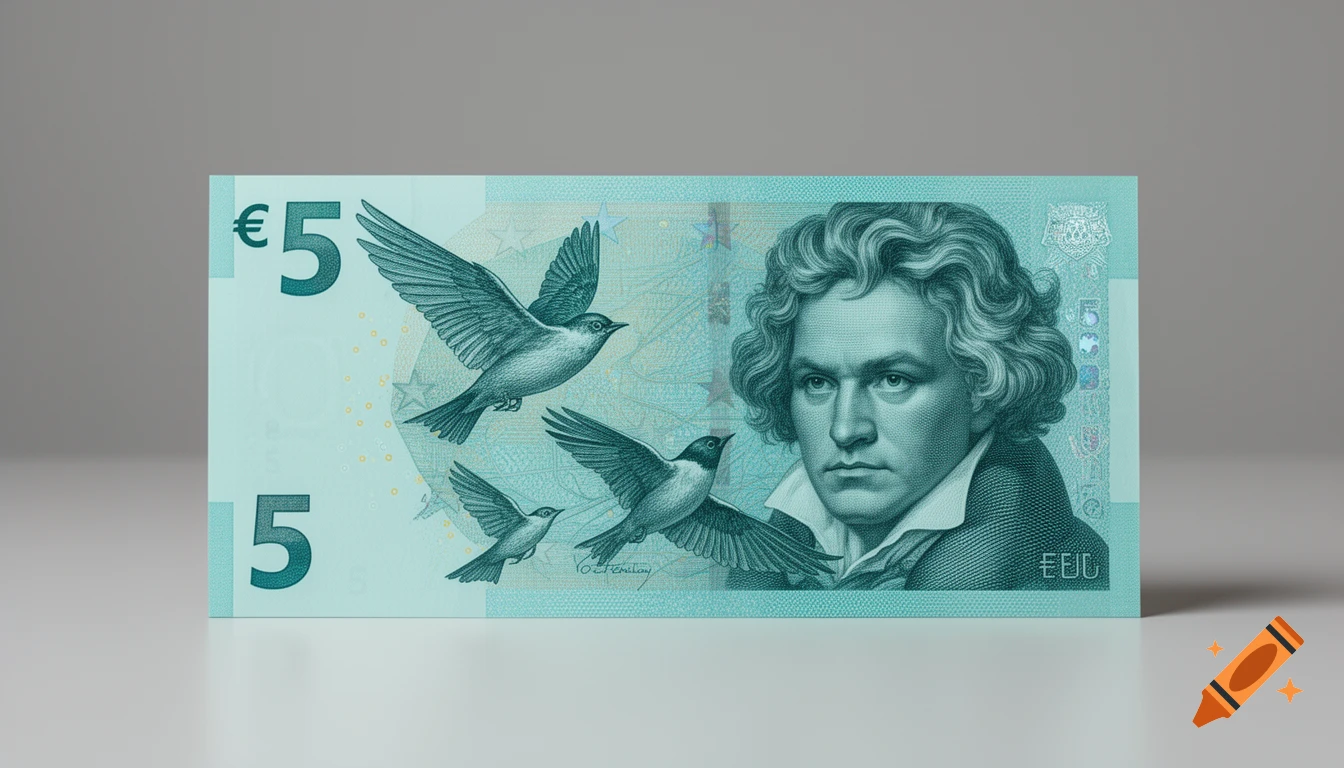 A turquoise 5 Euro banknote featuring a detailed portrait of Beethoven, with three birds in flight on the left side.