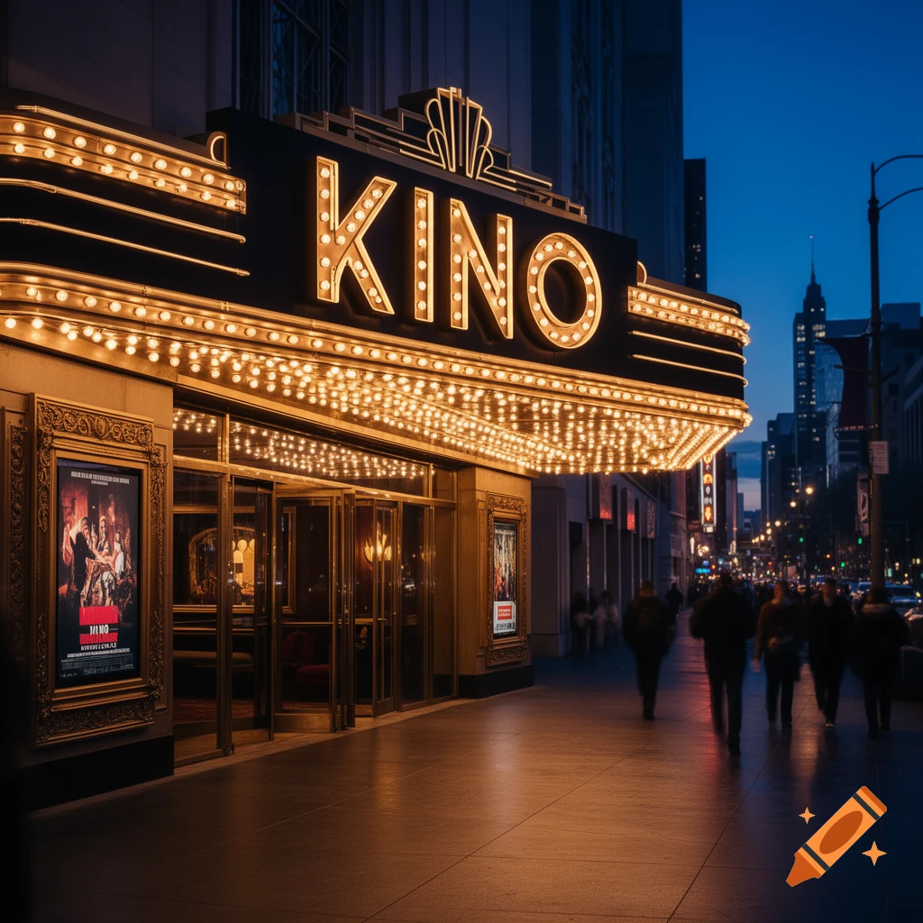 Photorealistic image of a vintage-style cinema with a bright KINO marquee illuminating a busy city street at night.
