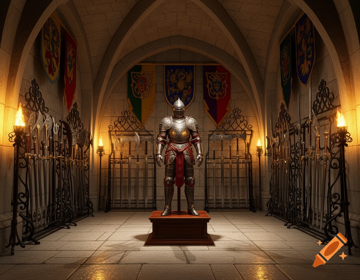 Photorealistic suit of knight's armor on a pedestal in a stone armory, flanked by weapon racks and torches under vaulted arches.
