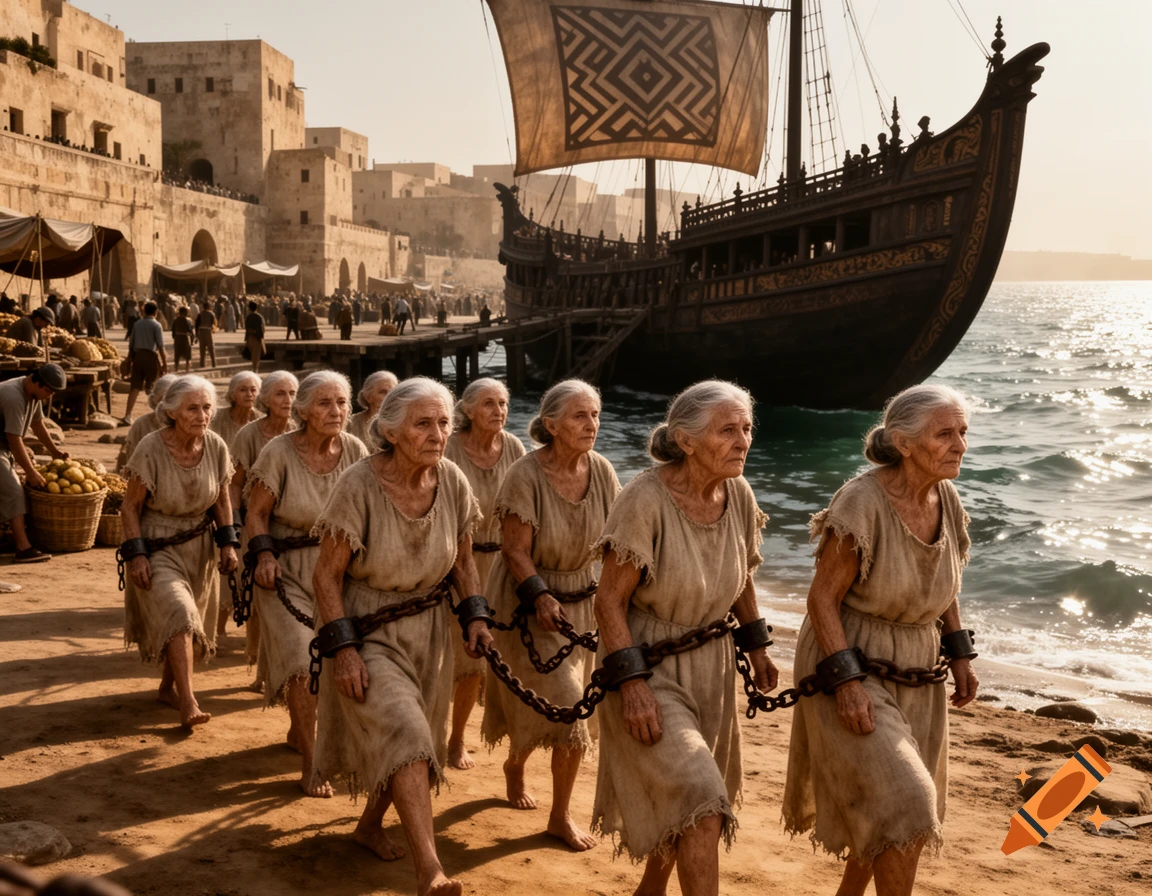 Old women, chained, walk along a sandy shore towards a large ancient ship docked by a city with stone buildings.
